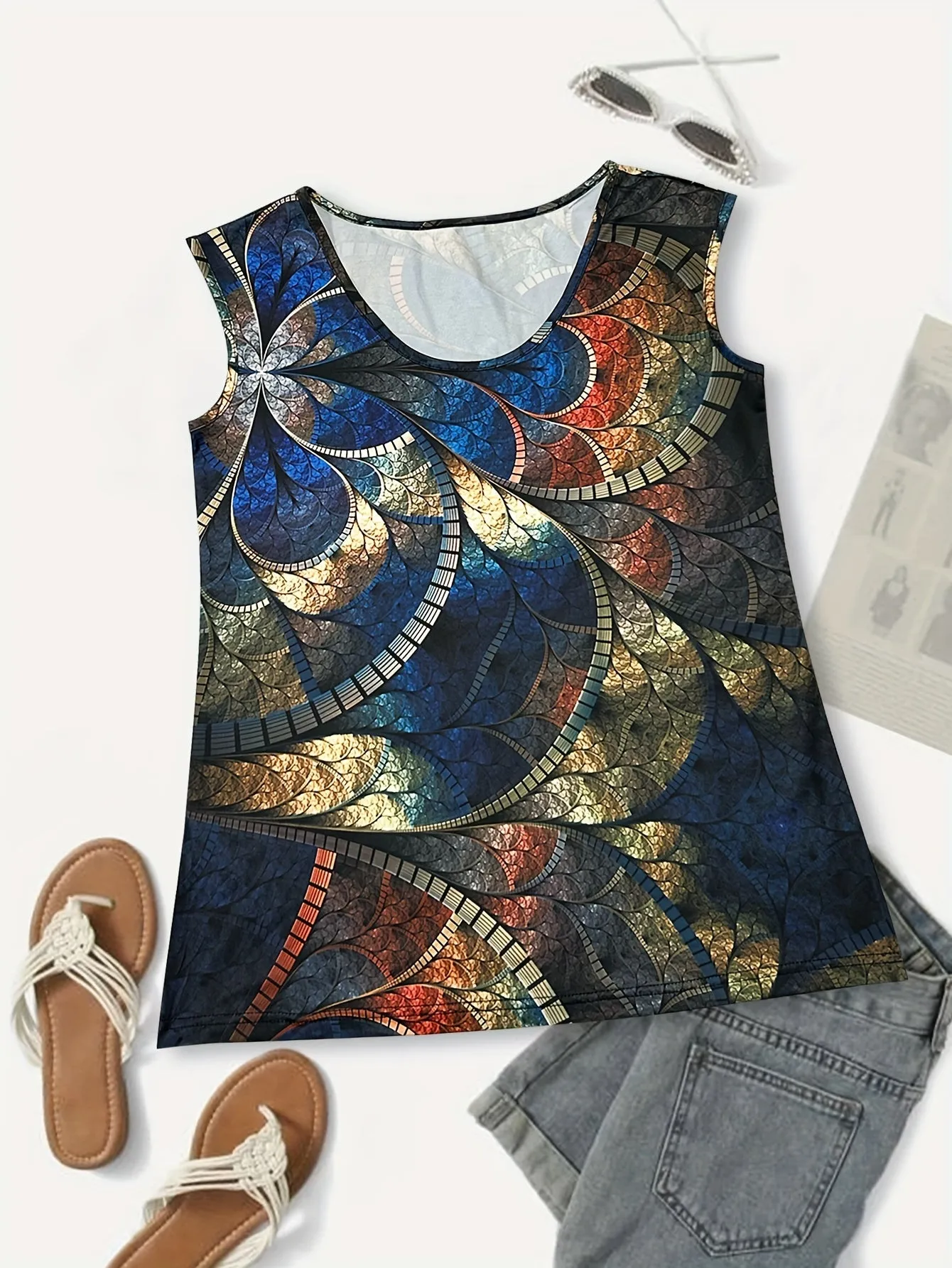 Ombre Floral Print Plus Size Tank Top for Women