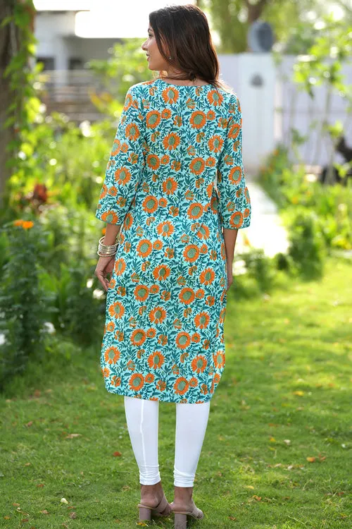 Orange-Infused Verde Handblock Printed Cotton Kurti