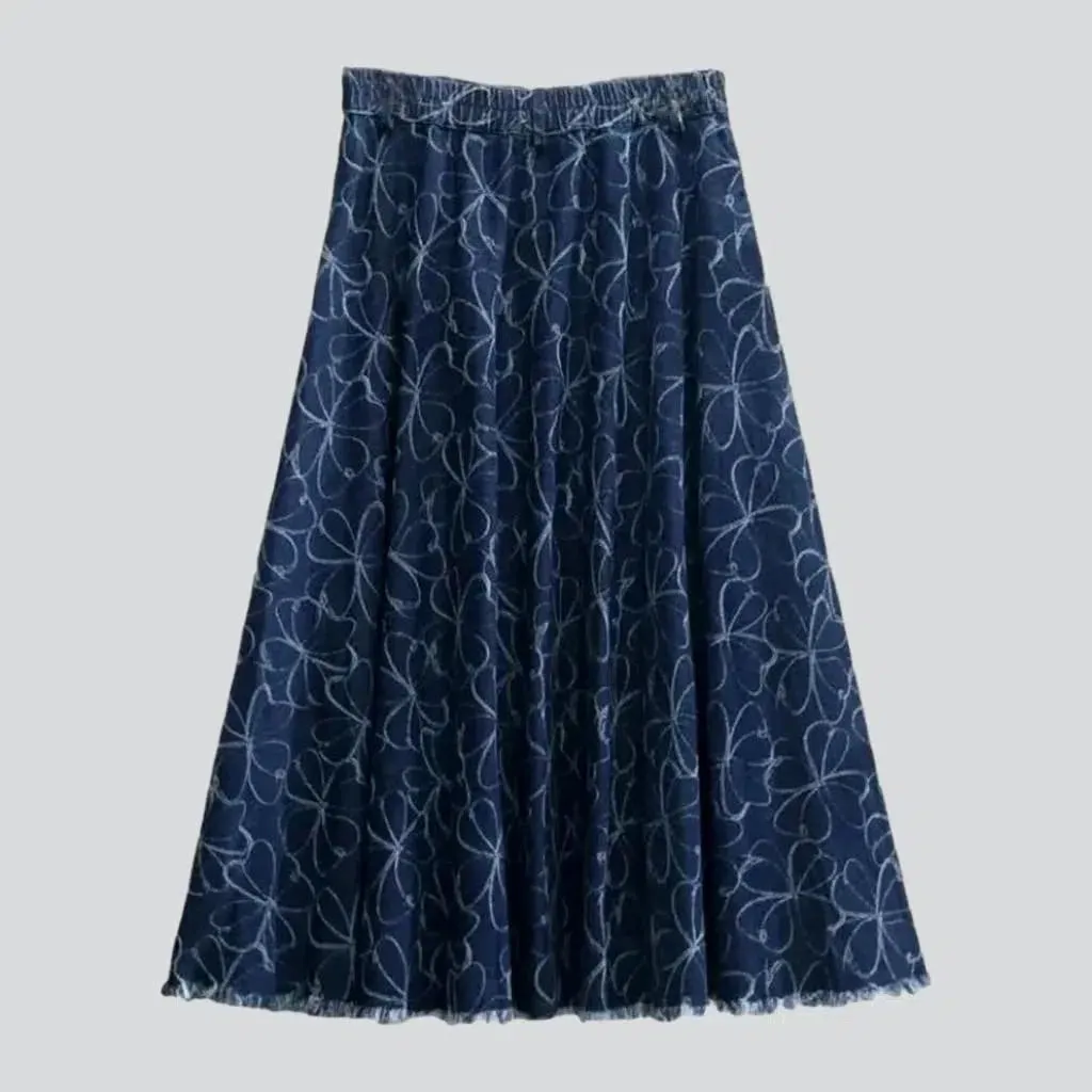 Ornament embroidered denim skirt for women