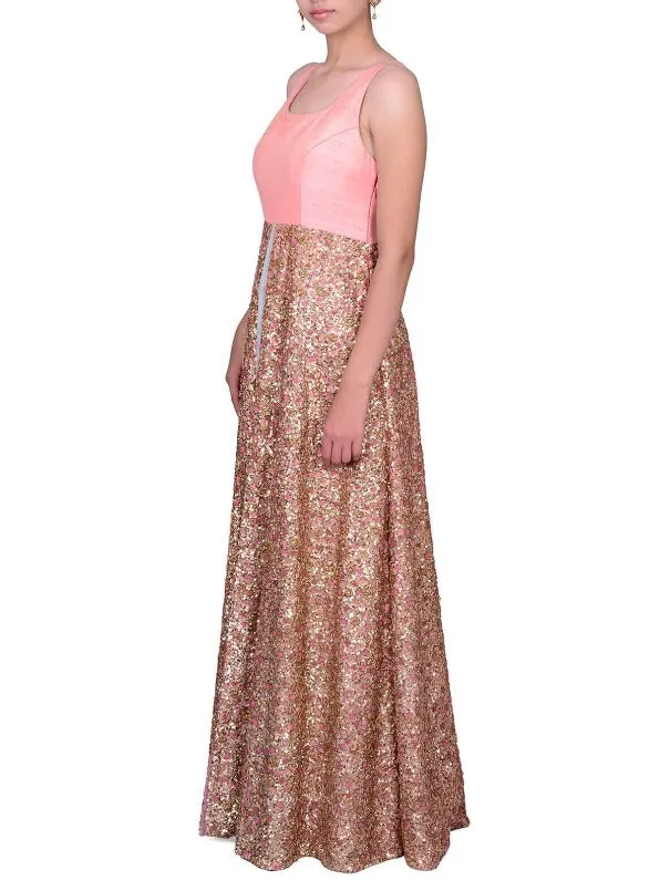 Peach Grey Sequin Layered Floor Length Gown