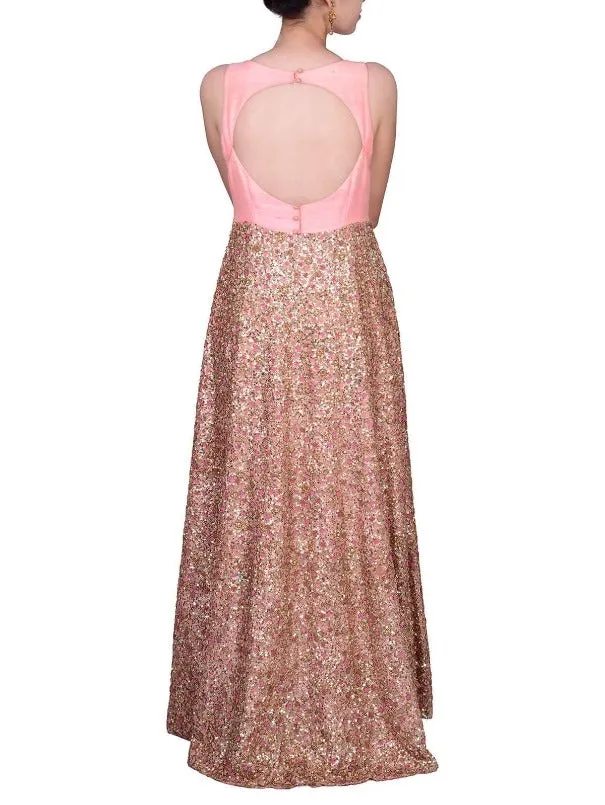 Peach Grey Sequin Layered Floor Length Gown