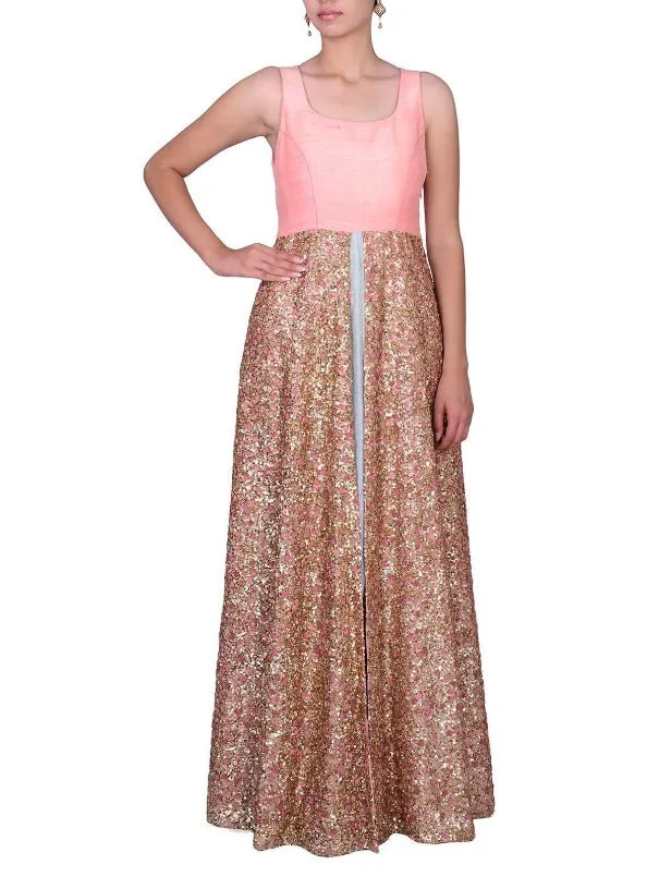 Peach Grey Sequin Layered Floor Length Gown