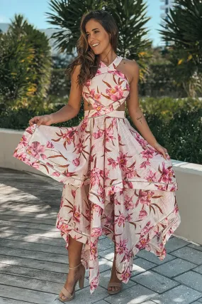 Pink Cut Out Floral High Low Dress