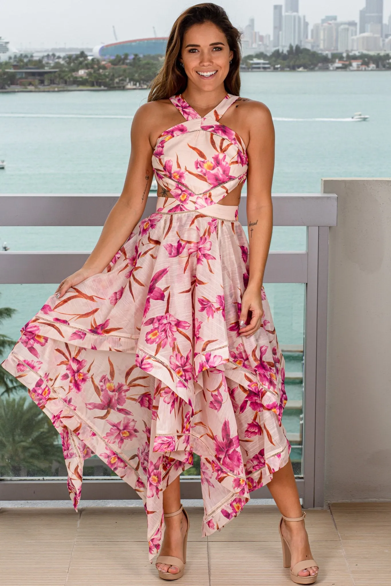 Pink Cut Out Floral High Low Dress