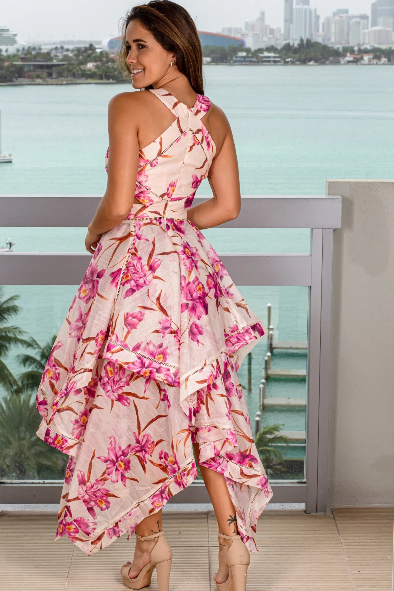 Pink Cut Out Floral High Low Dress