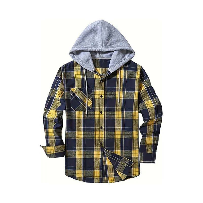 PLAID BUTTON UP HOODED SHIRT WITH CHEST POCKET