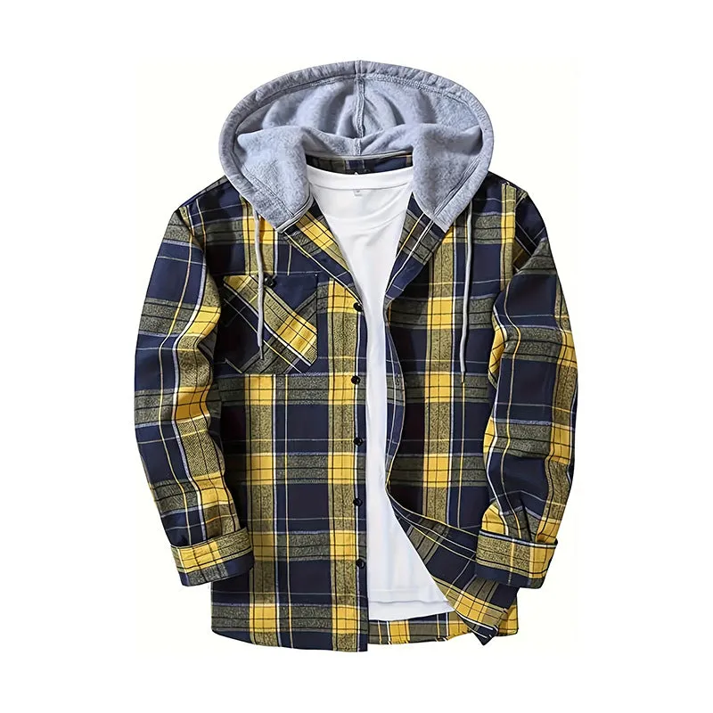 PLAID BUTTON UP HOODED SHIRT WITH CHEST POCKET