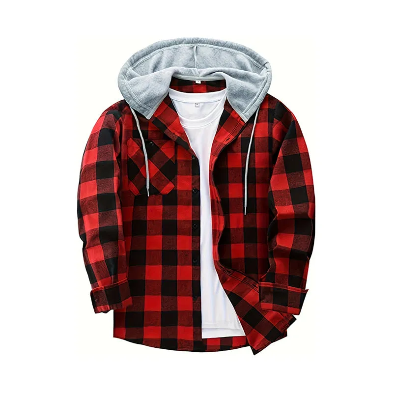 PLAID BUTTON UP HOODED SHIRT WITH CHEST POCKET