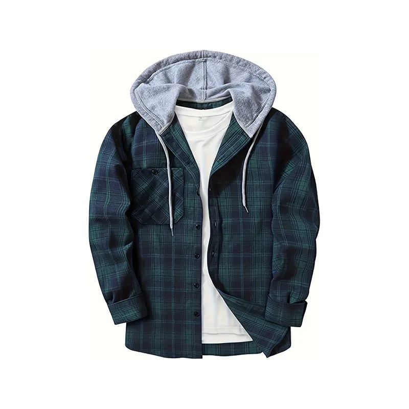 PLAID BUTTON UP HOODED SHIRT WITH CHEST POCKET