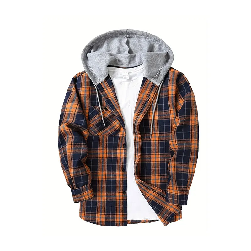 PLAID BUTTON UP HOODED SHIRT WITH CHEST POCKET