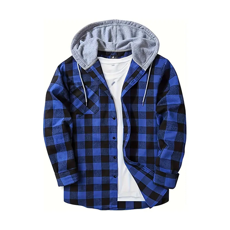 PLAID BUTTON UP HOODED SHIRT WITH CHEST POCKET