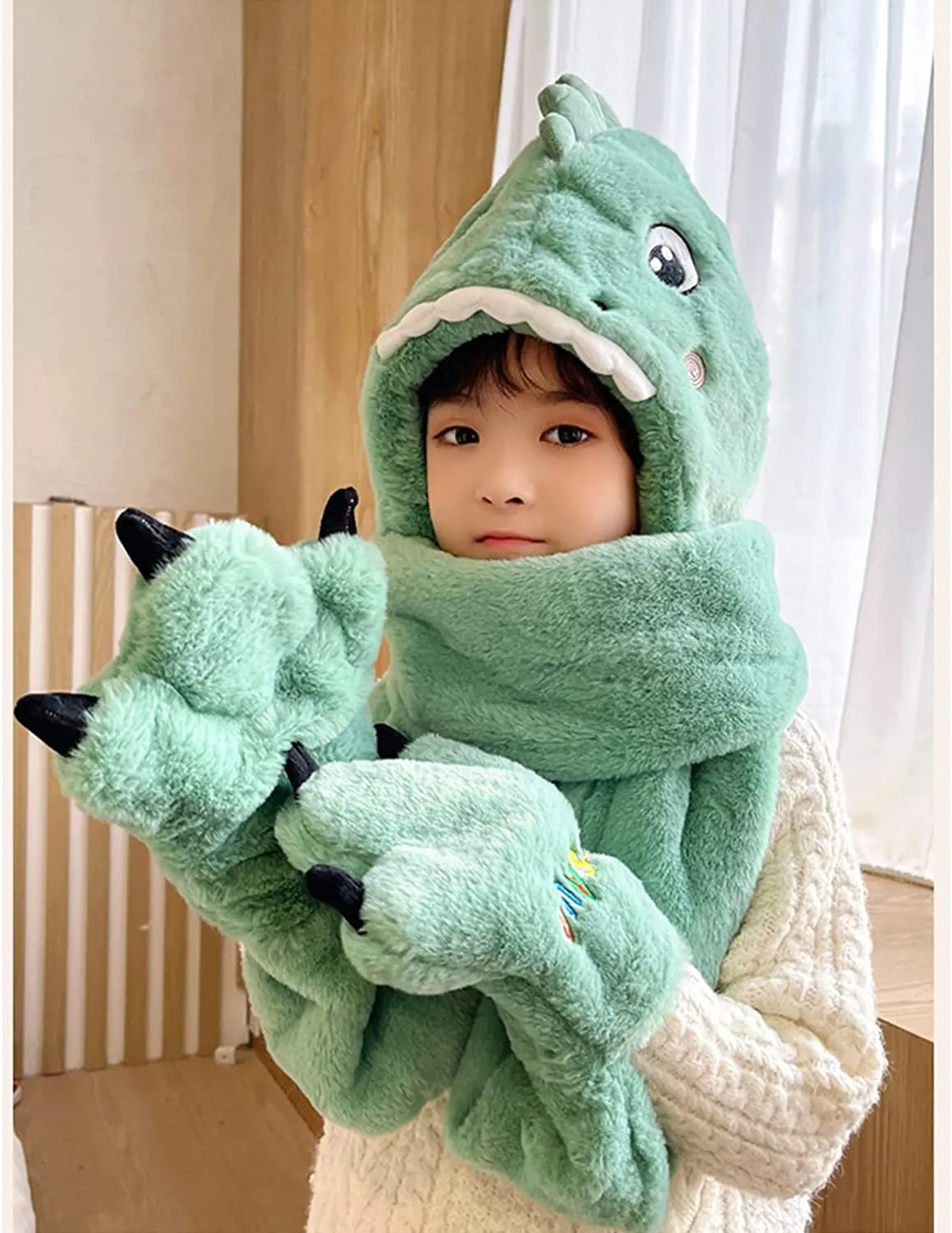 Plush Green Dinosaur Hat Scarf and Mittens Set