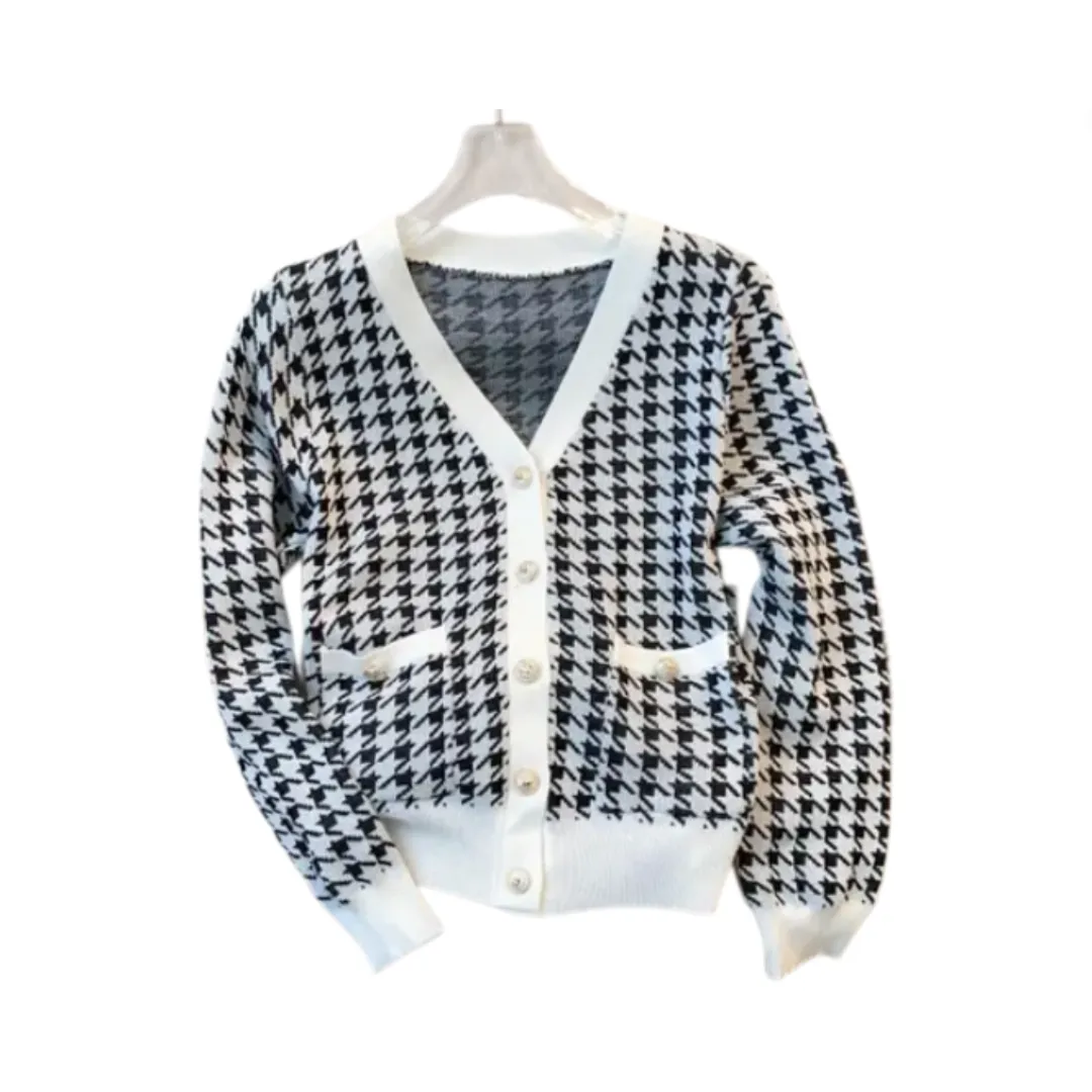 Pre Order:  Houndstooth Vintage V-Neck Long Sleeve Cardigan