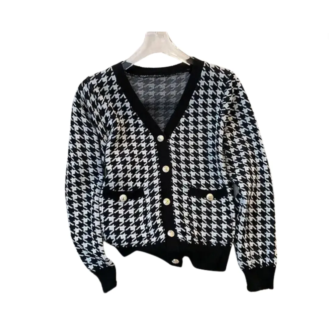 Pre Order:  Houndstooth Vintage V-Neck Long Sleeve Cardigan