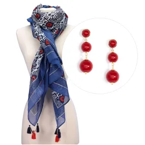 Print Scarf and Ball Drop Earrings Gift Set Red