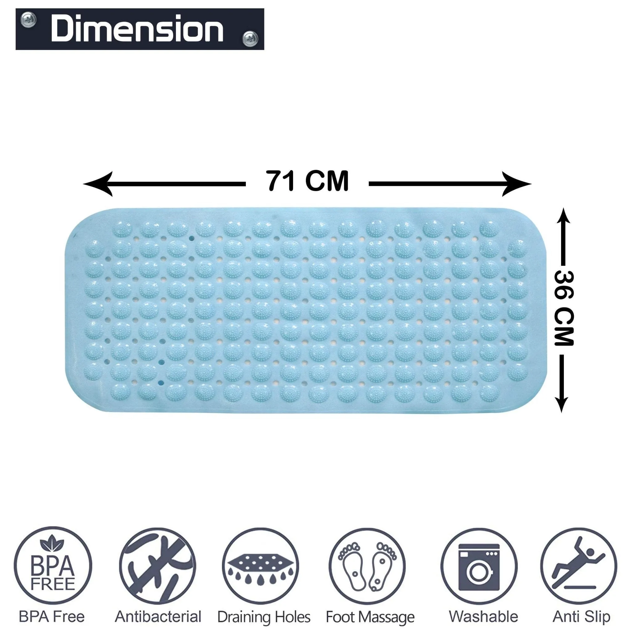 PVC Shower Mat Anti-Slip with Massage Acupressure Points, 36x71 cm, Blue