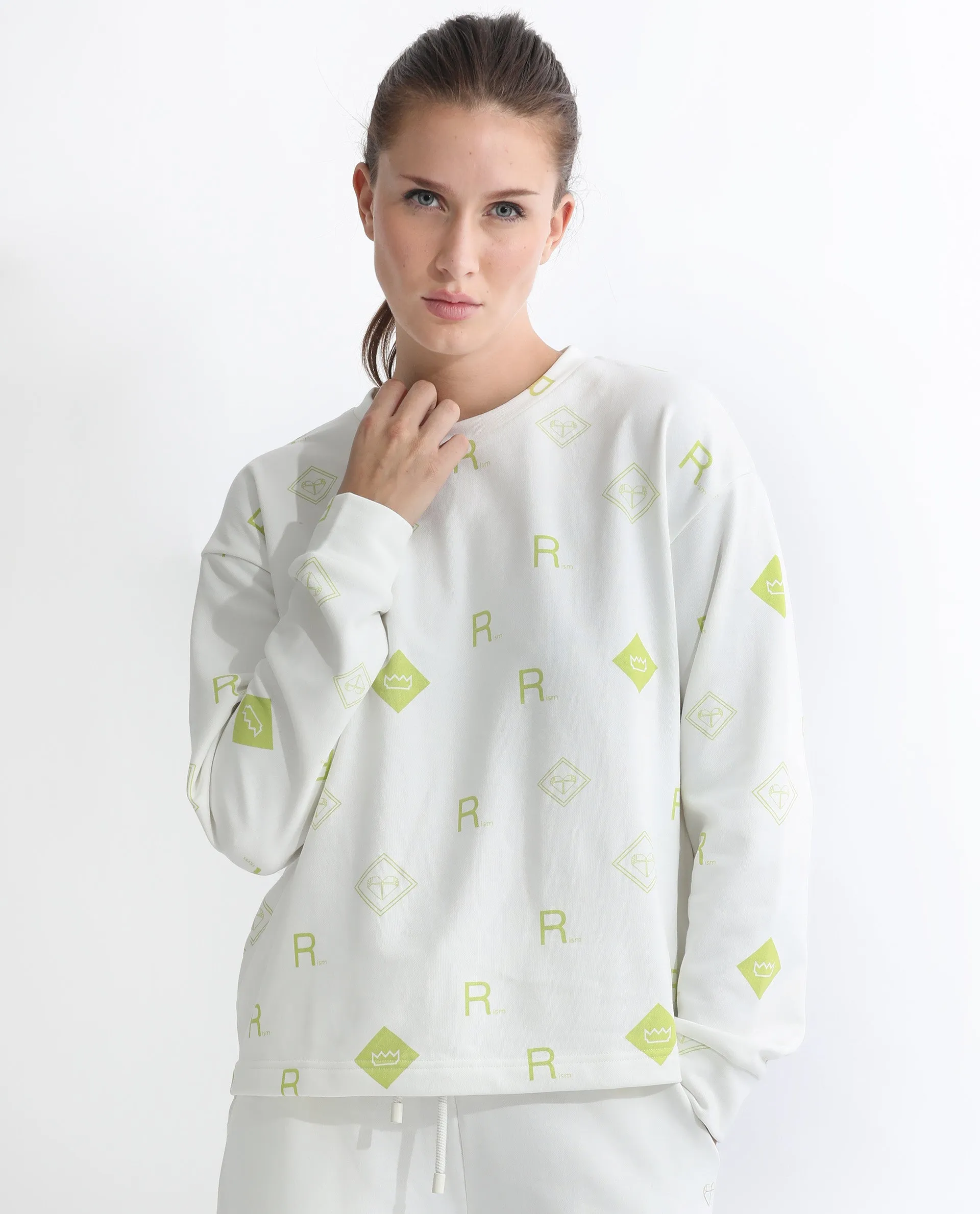 Rareism Articale Women Chico Off White Poly Cotton Fabric Full Sleeves Crew Neck Regular Fit Graphic Print Sweatshirt