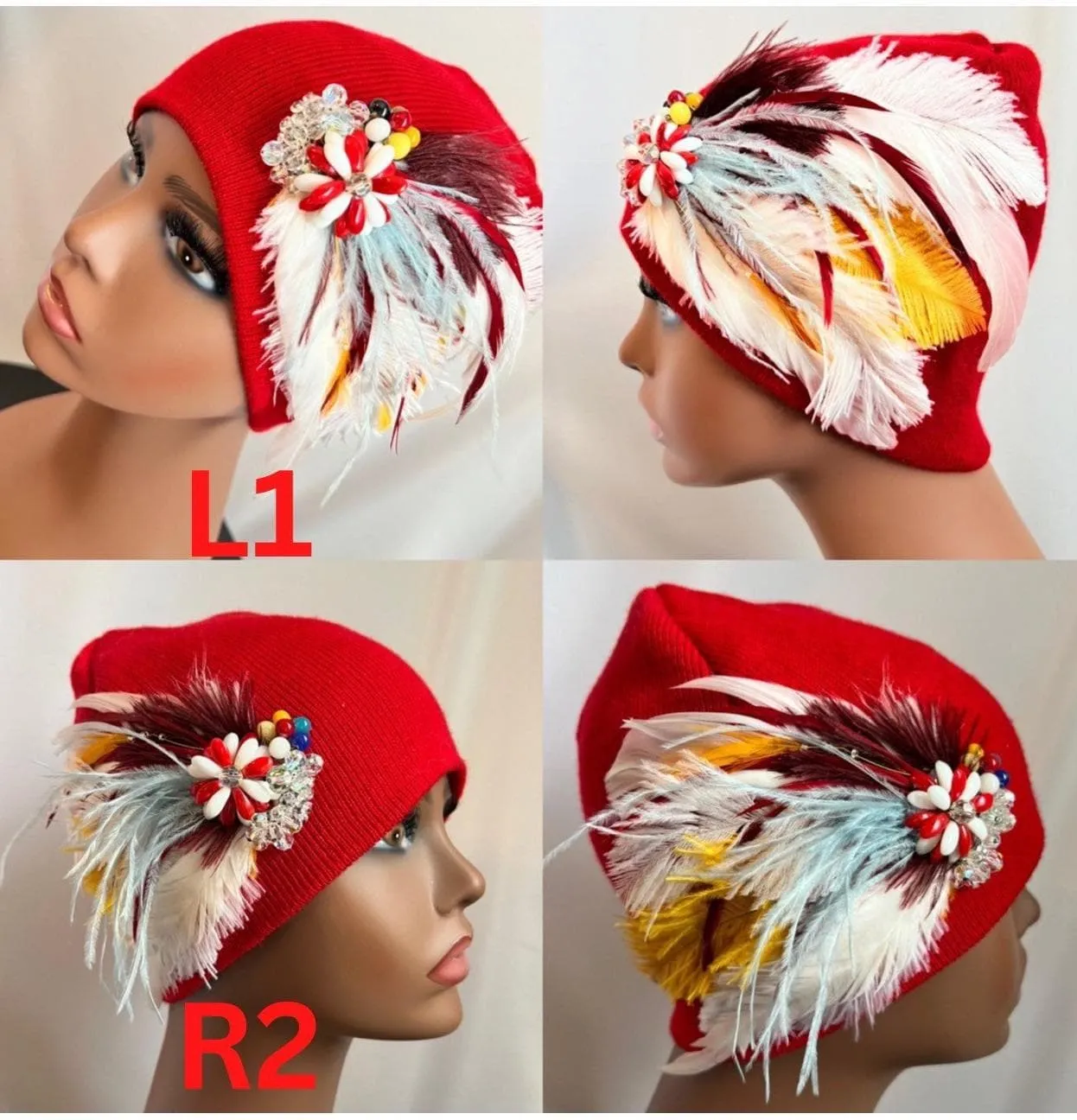 RED Embellished Feathered & Jeweled Knit Hat