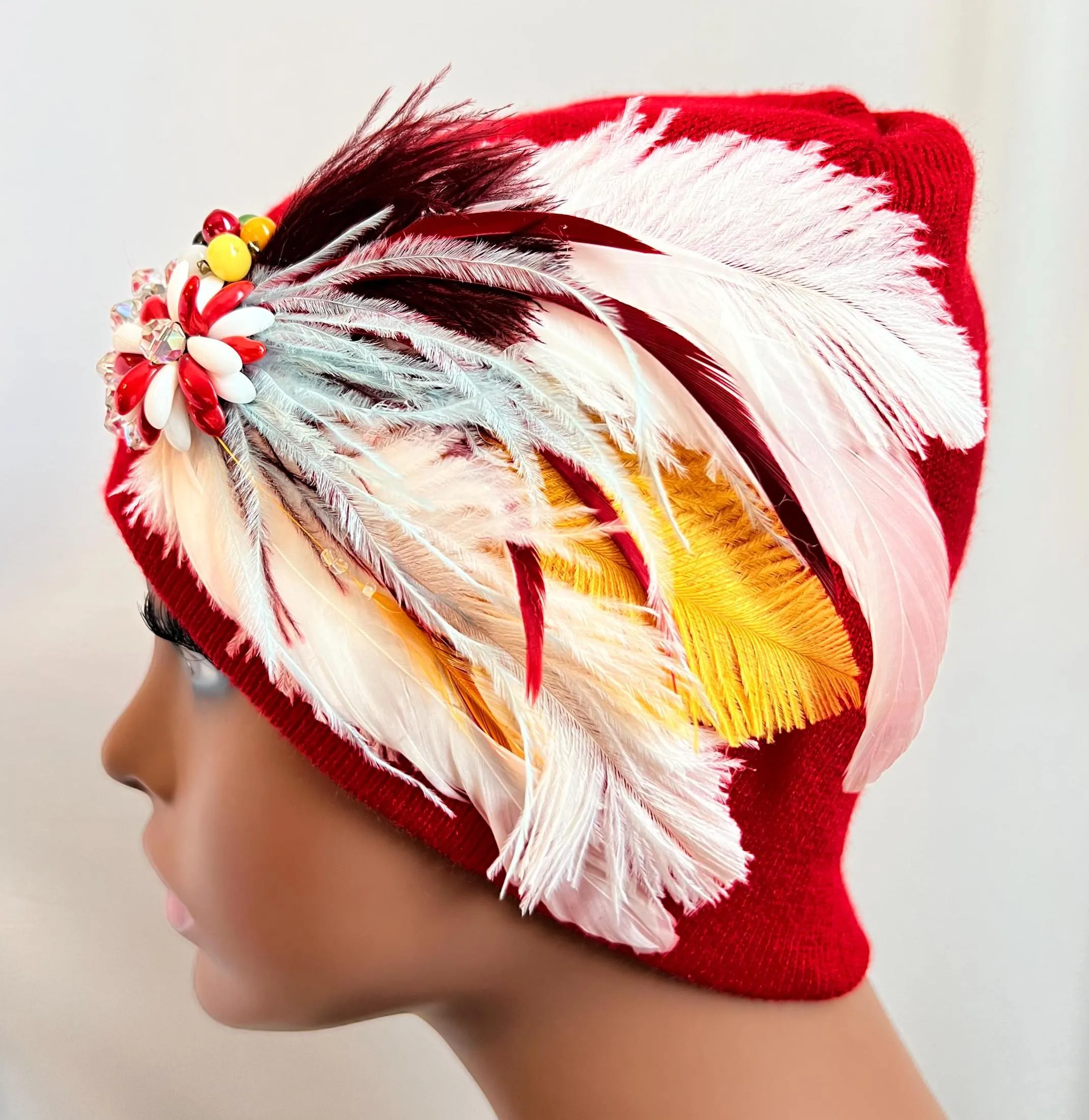 RED Embellished Feathered & Jeweled Knit Hat