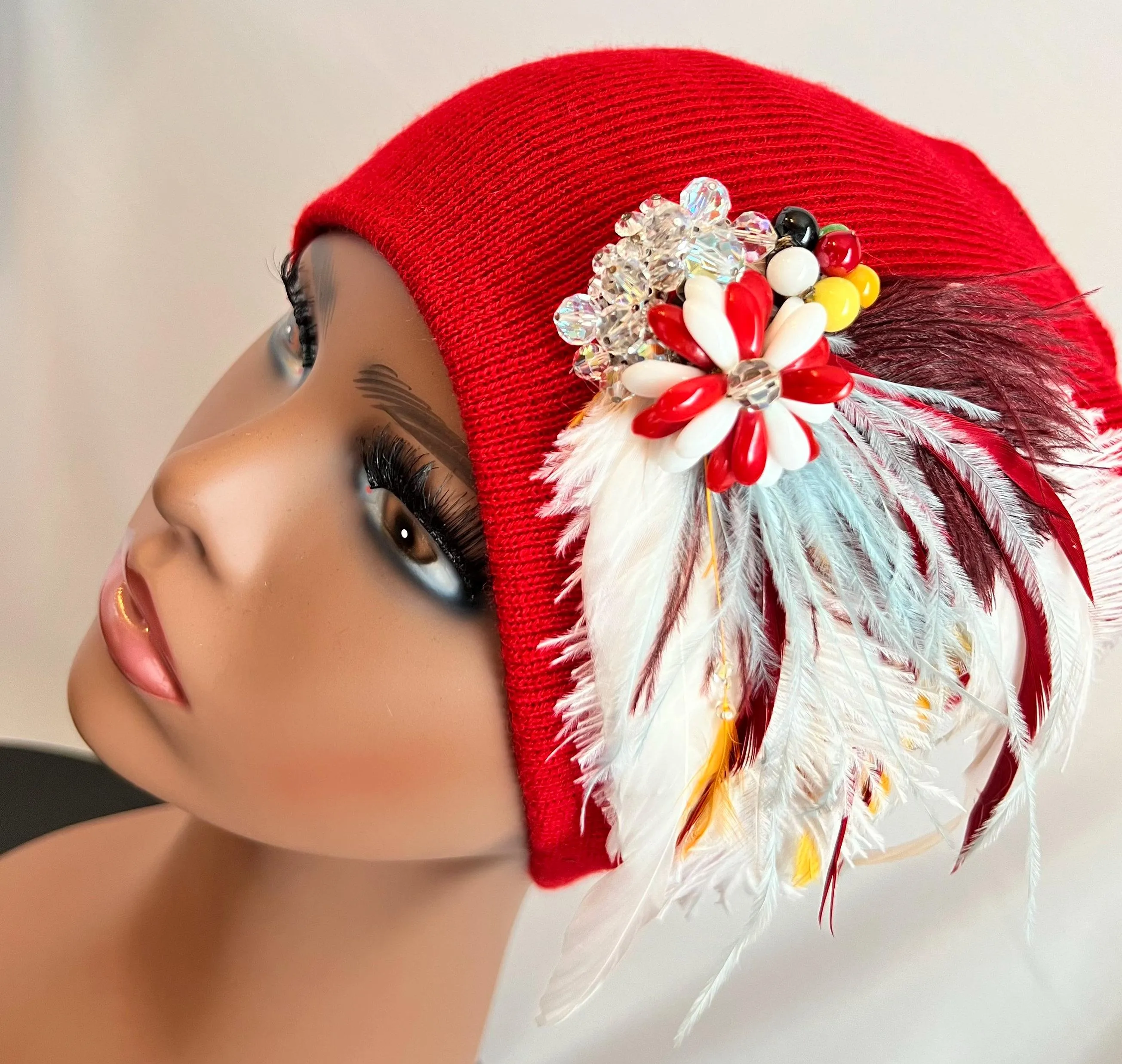 RED Embellished Feathered & Jeweled Knit Hat