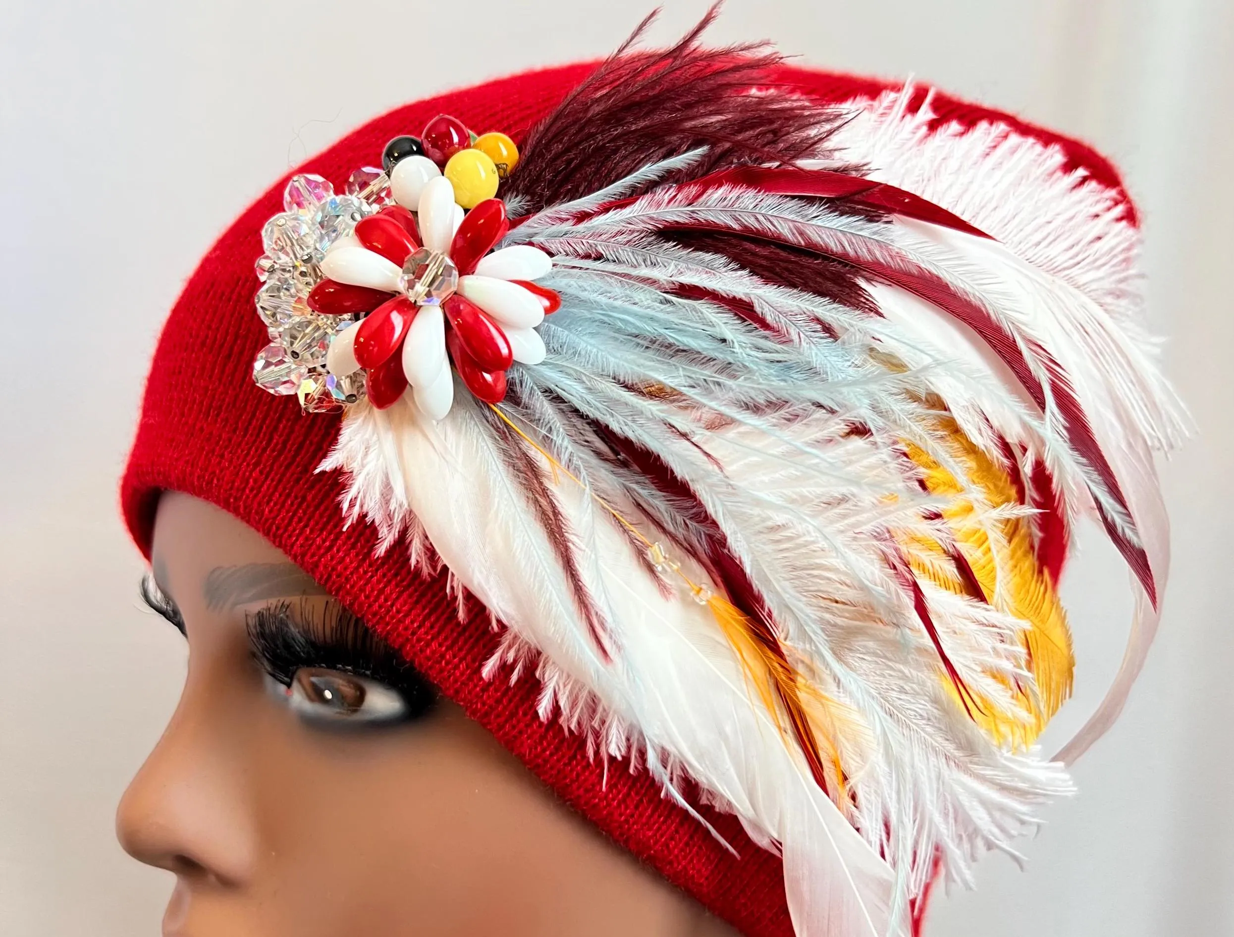 RED Embellished Feathered & Jeweled Knit Hat