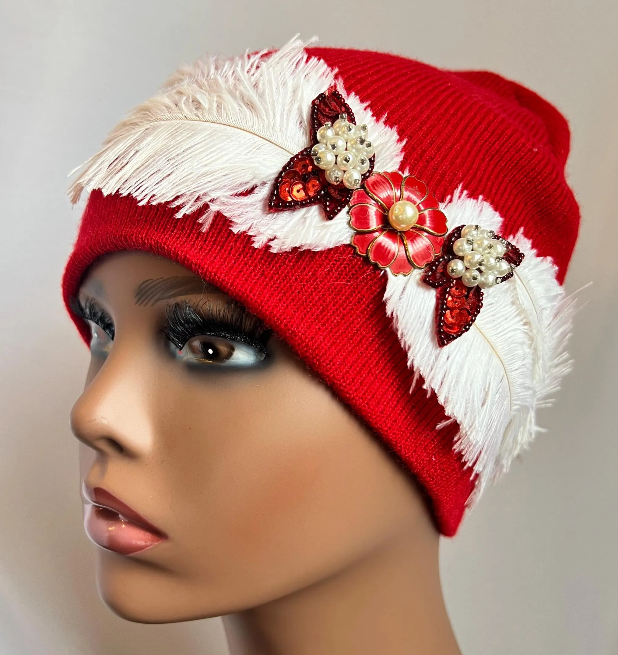 RED Embellished Feathered & Jeweled Knit Hat