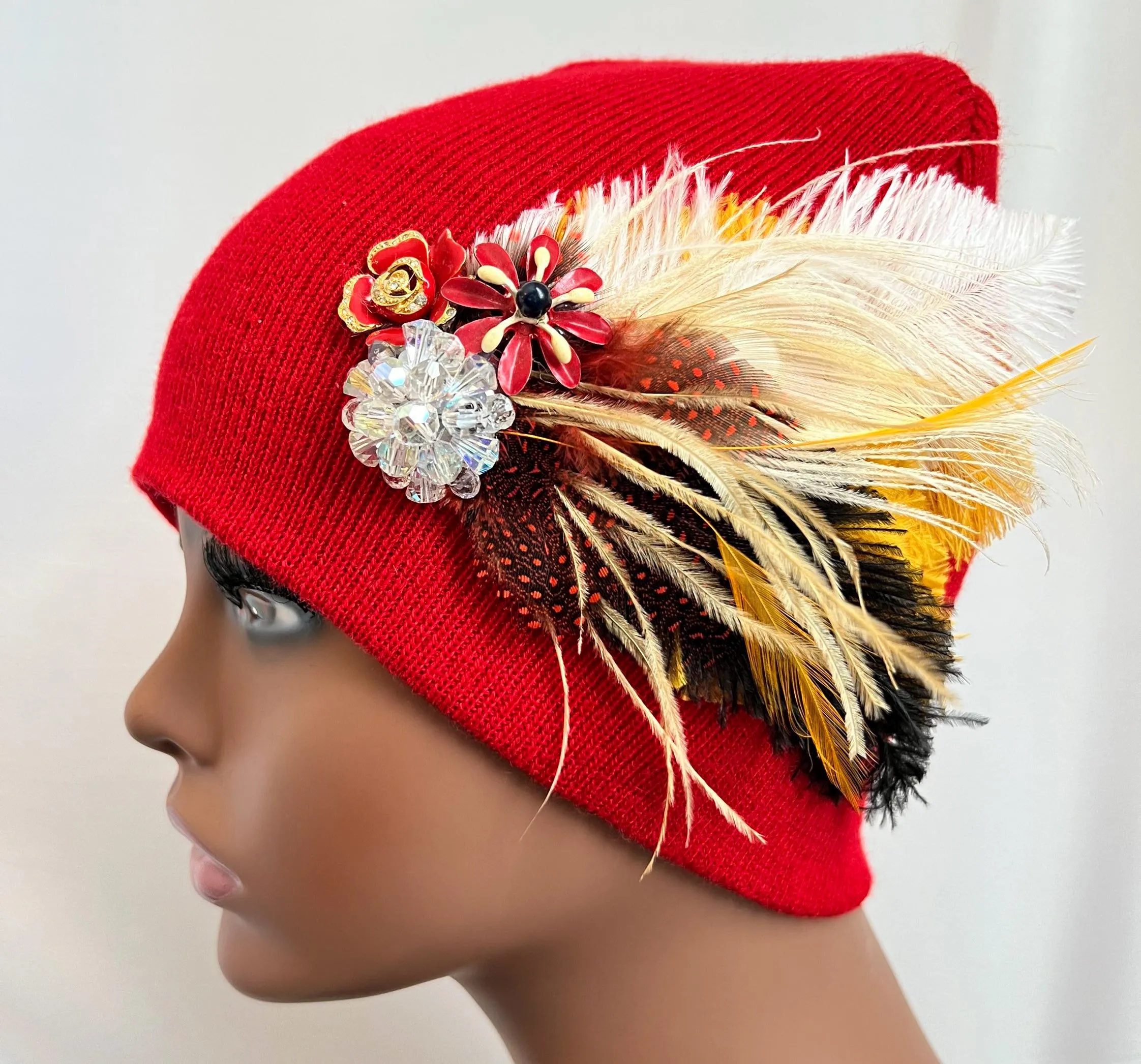 RED Embellished Feathered & Jeweled Knit Hat