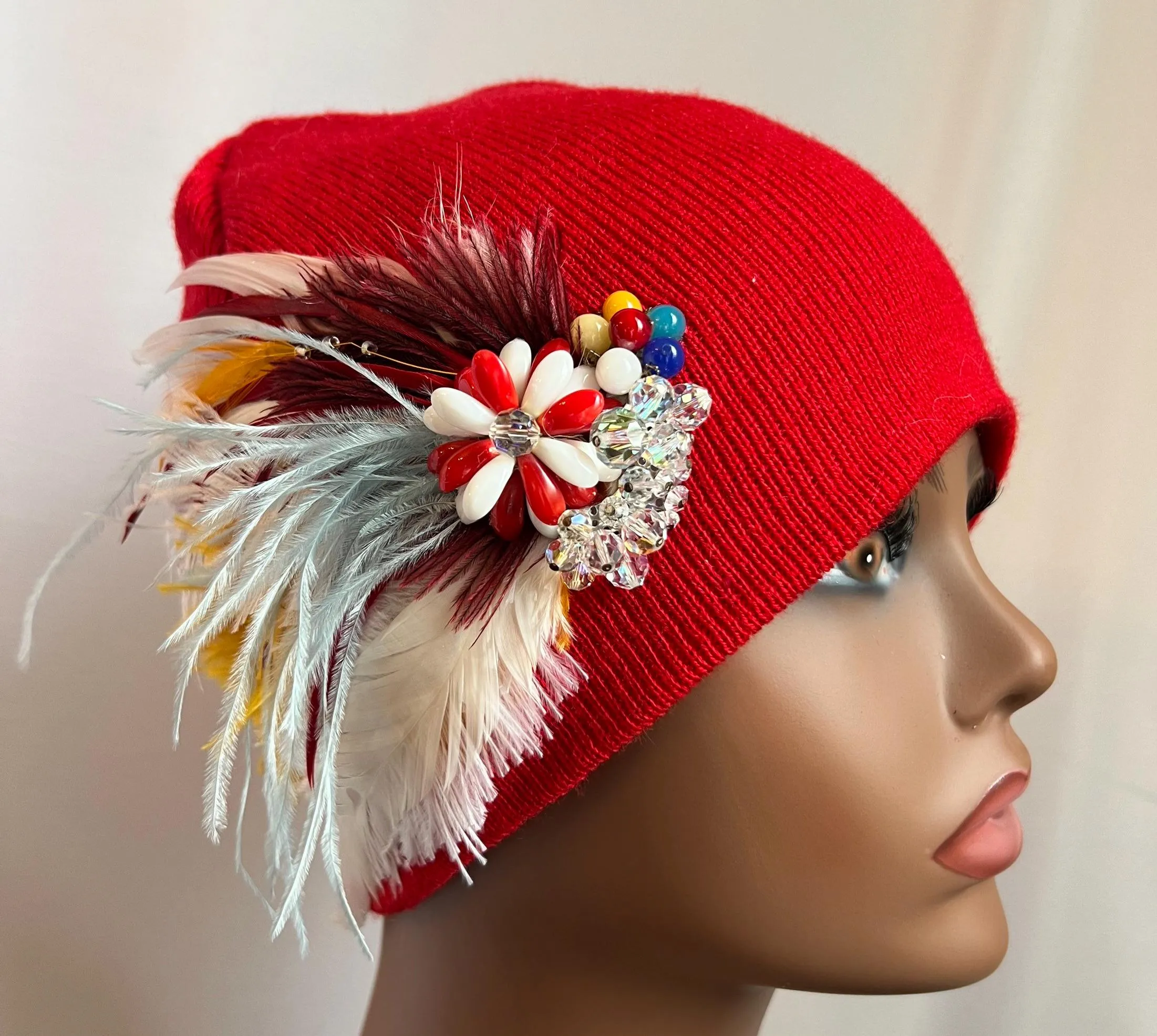 RED Embellished Feathered & Jeweled Knit Hat