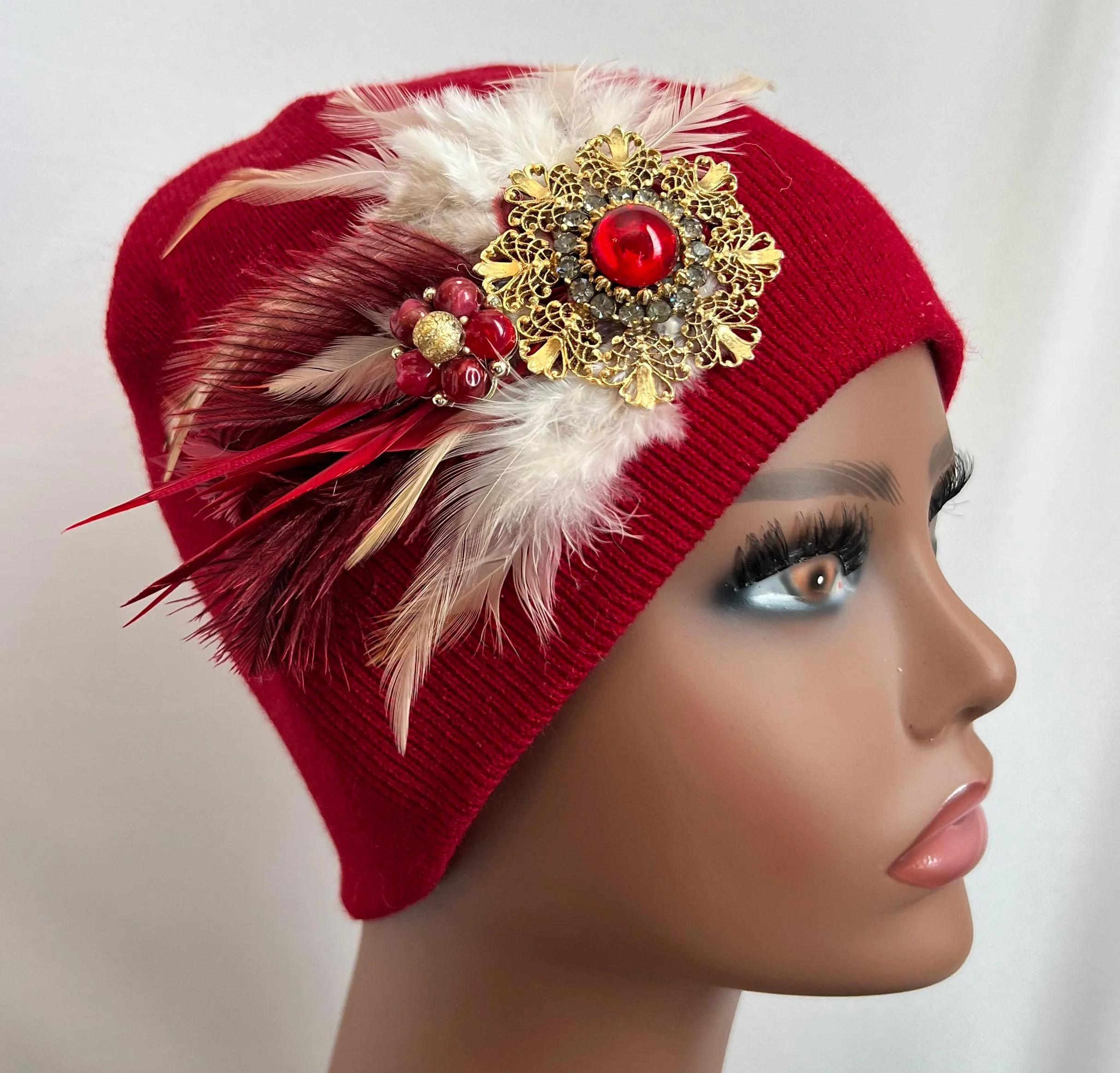 RED Embellished Feathered & Jeweled Knit Hat