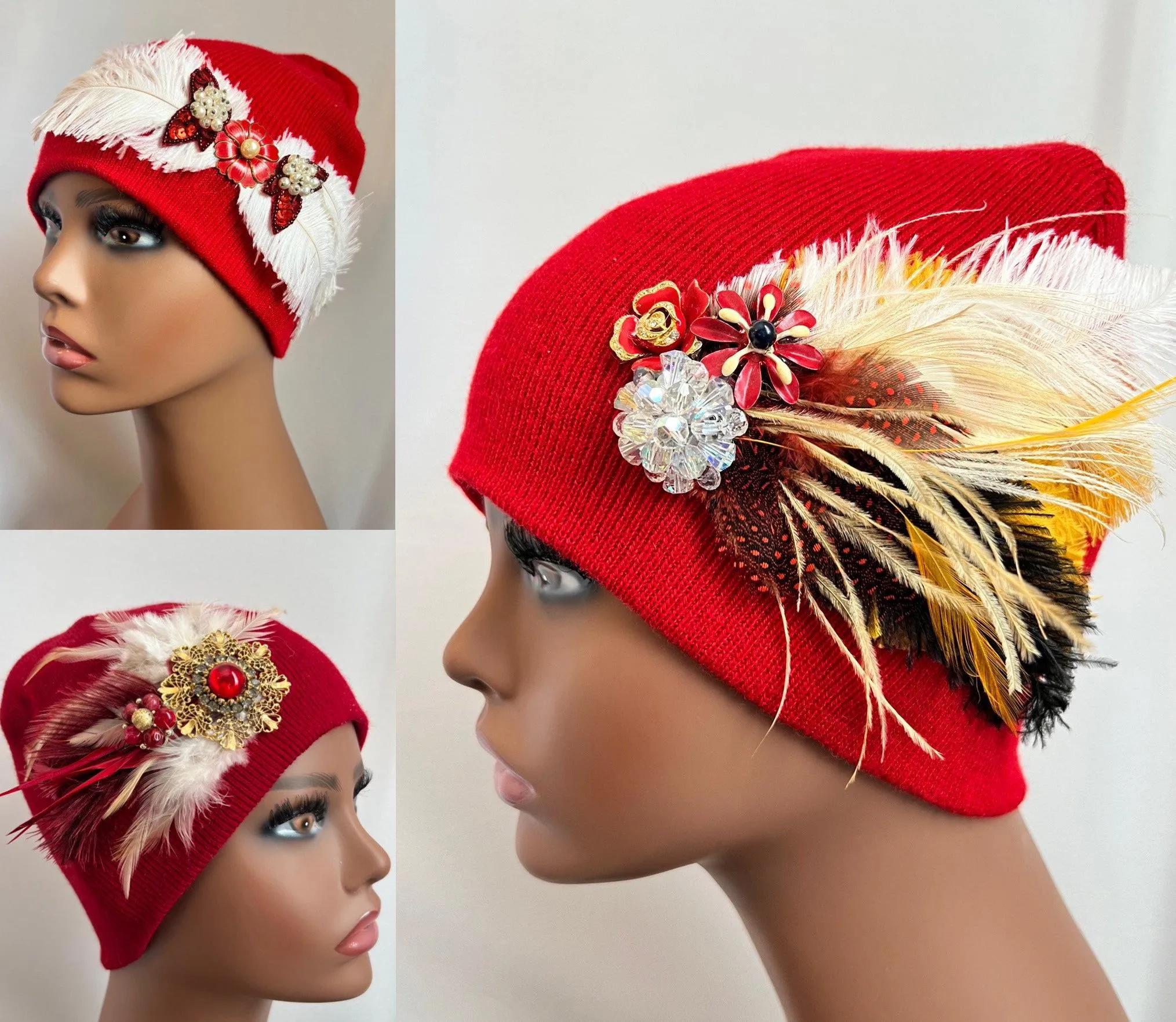 RED Embellished Feathered & Jeweled Knit Hat