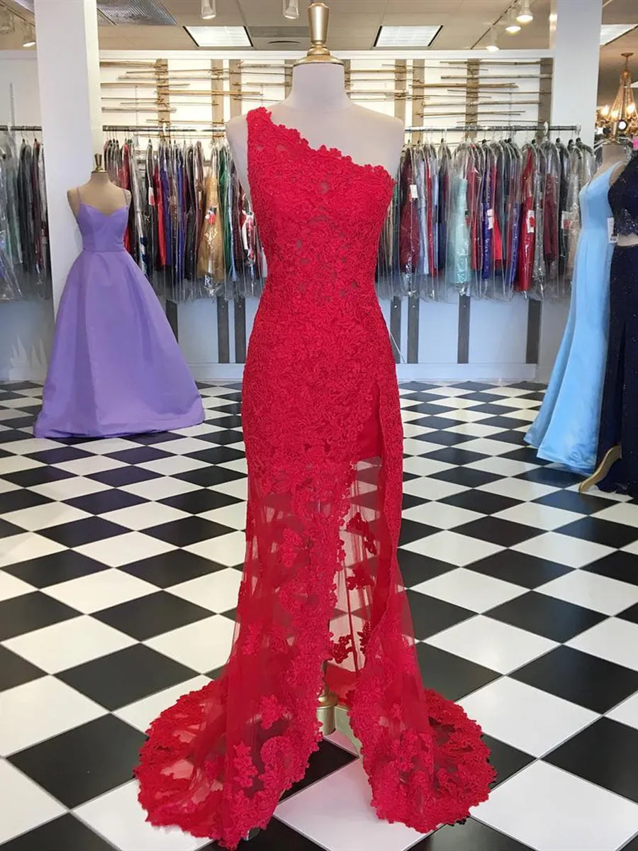 Red Mermaid One Shoulder Lace Long Prom with High Slit, Mermaid Red Lace Formal, Lace Red Evening