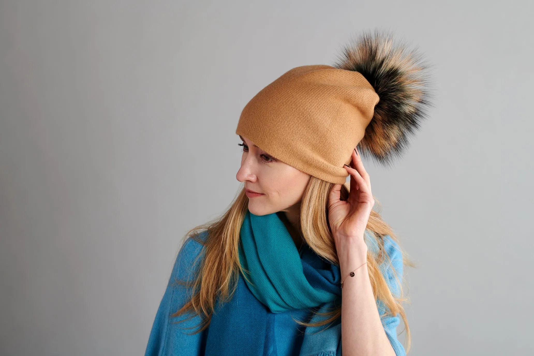 Reversible Slouchy Gold Cashmere Hat with Seafoam Pom-Pom