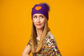 Reversible Slouchy Purple Cashmere Hat with Orange Heart and Rainbow Pom