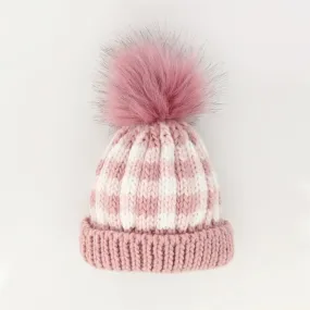 Rosy Pink Buffalo Check Pom Pom Beanie Hat for Babies, Toddlers & Kids