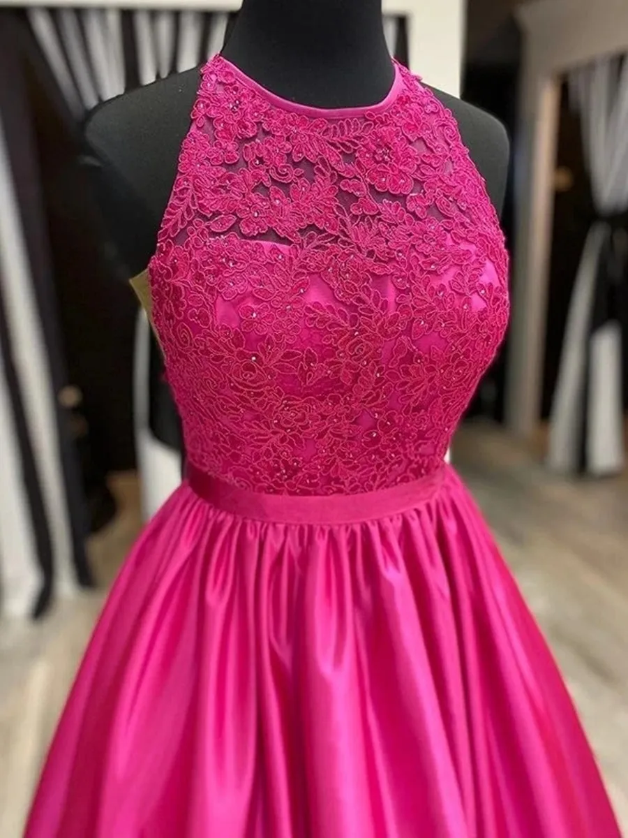 Round Neck Fuscia Lace Long Prom, Fuscia Lace Formal, Fuscia Evening