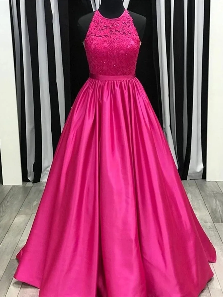 Round Neck Fuscia Lace Long Prom, Fuscia Lace Formal, Fuscia Evening