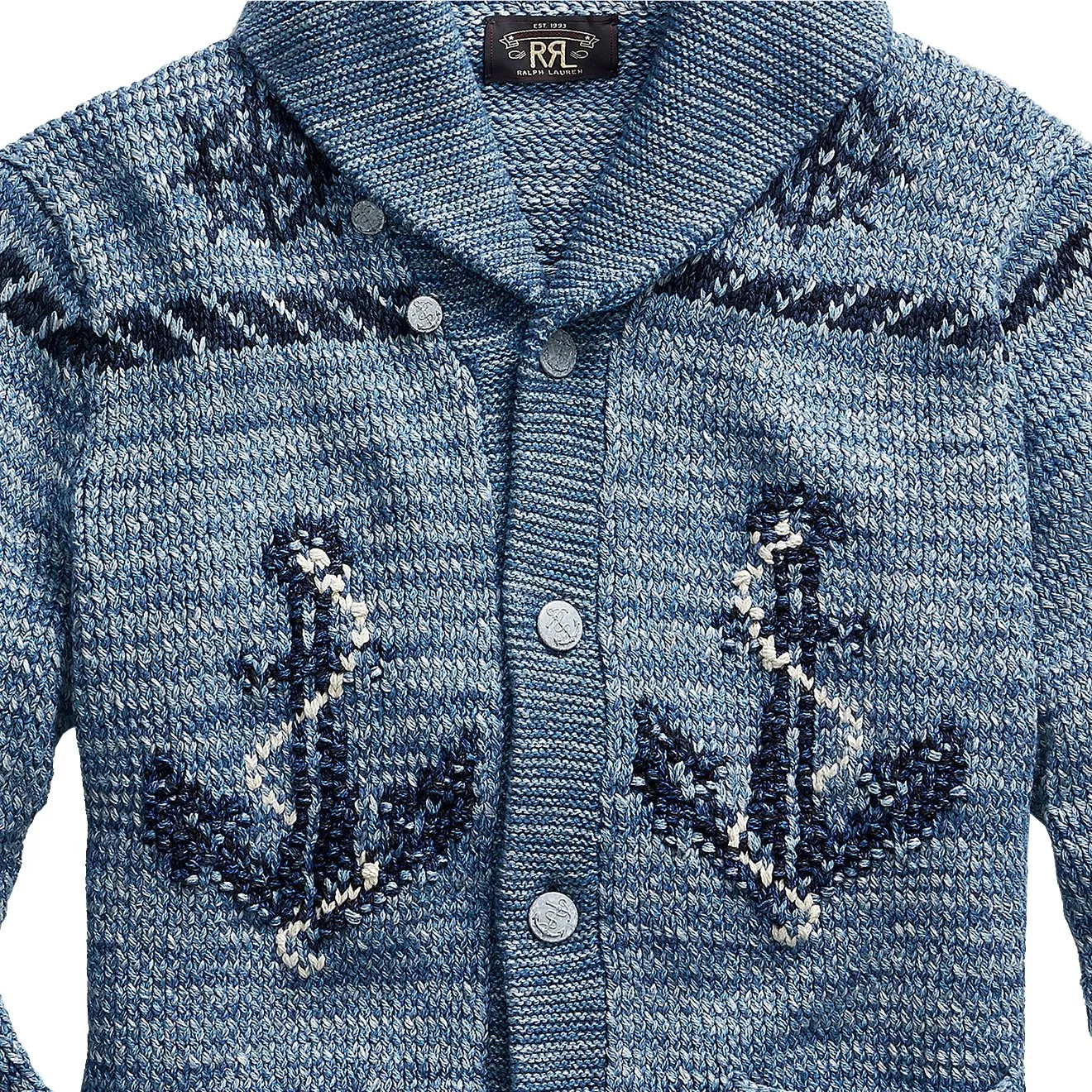 RRL by Ralph Lauren Hand Knit Shawl Cardigan Blue Indigo