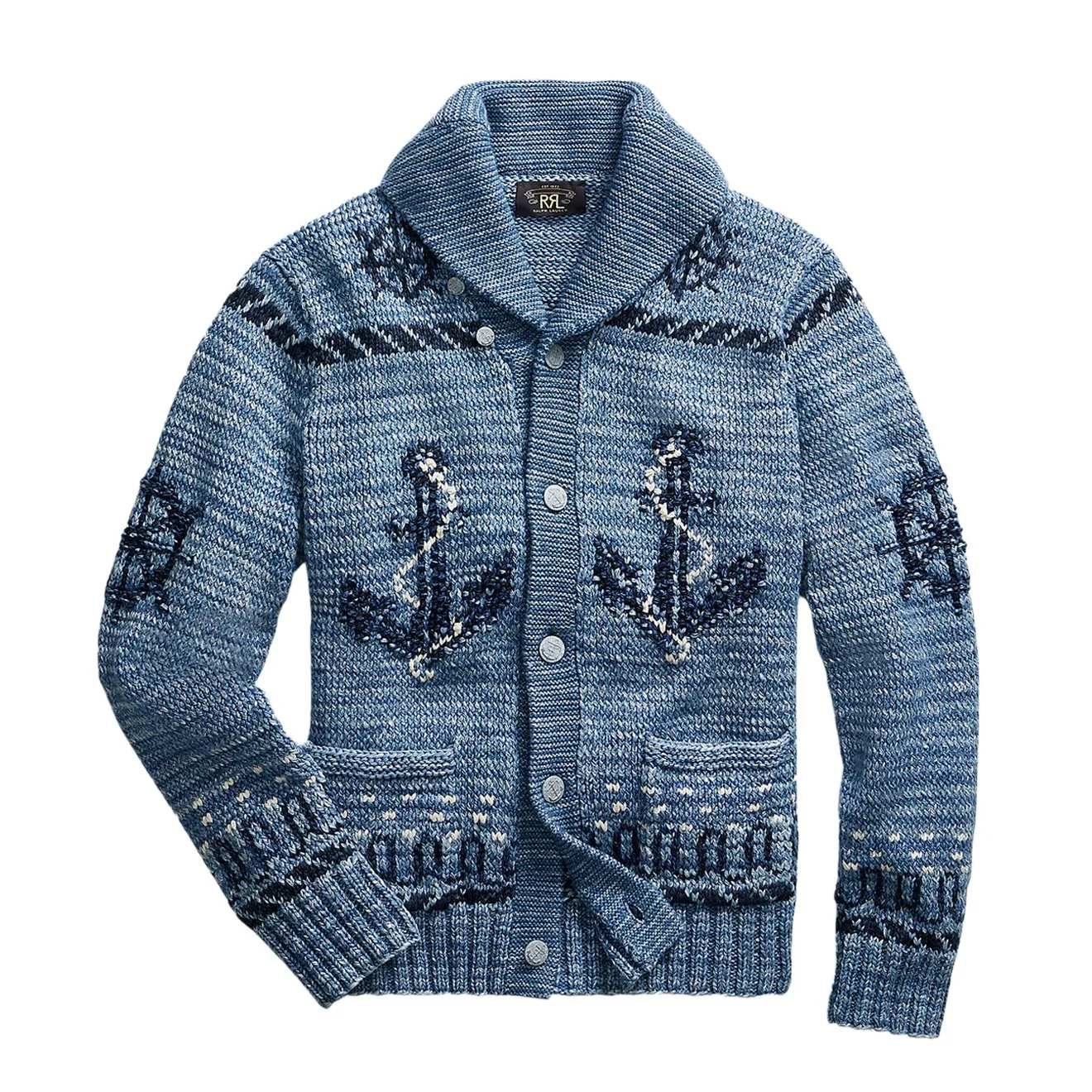 RRL by Ralph Lauren Hand Knit Shawl Cardigan Blue Indigo