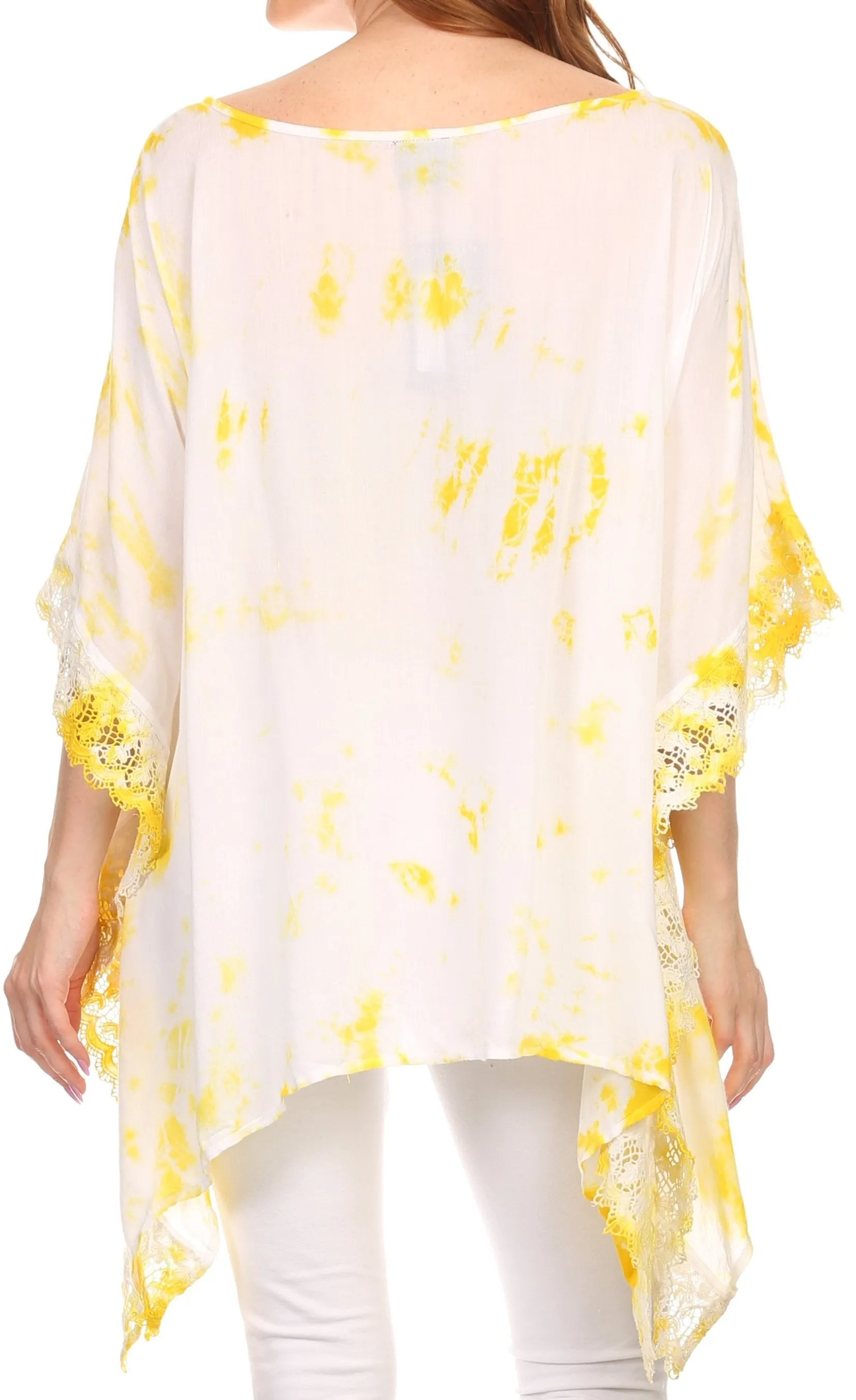 Sakkas Wayl Long Tall Wide Lace Embroidered Tie Dye Square Boxy Poncho Top Blouse