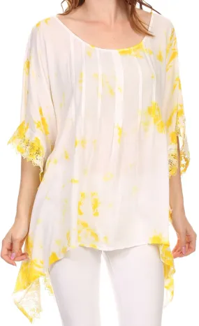 Sakkas Wayl Long Tall Wide Lace Embroidered Tie Dye Square Boxy Poncho Top Blouse