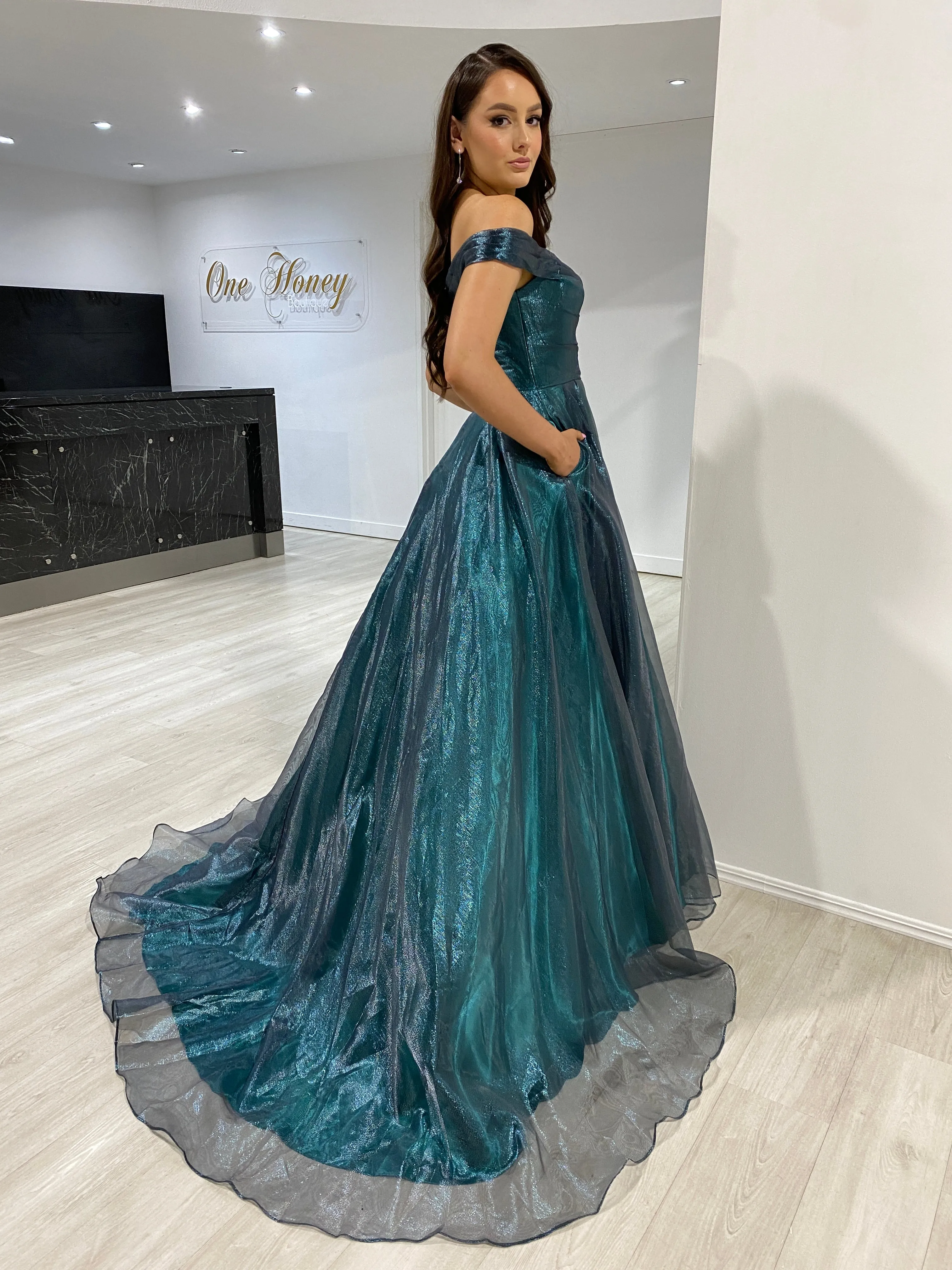 SARIA Off Shoulder Shimmer Ballgown Prom & Formal Dress