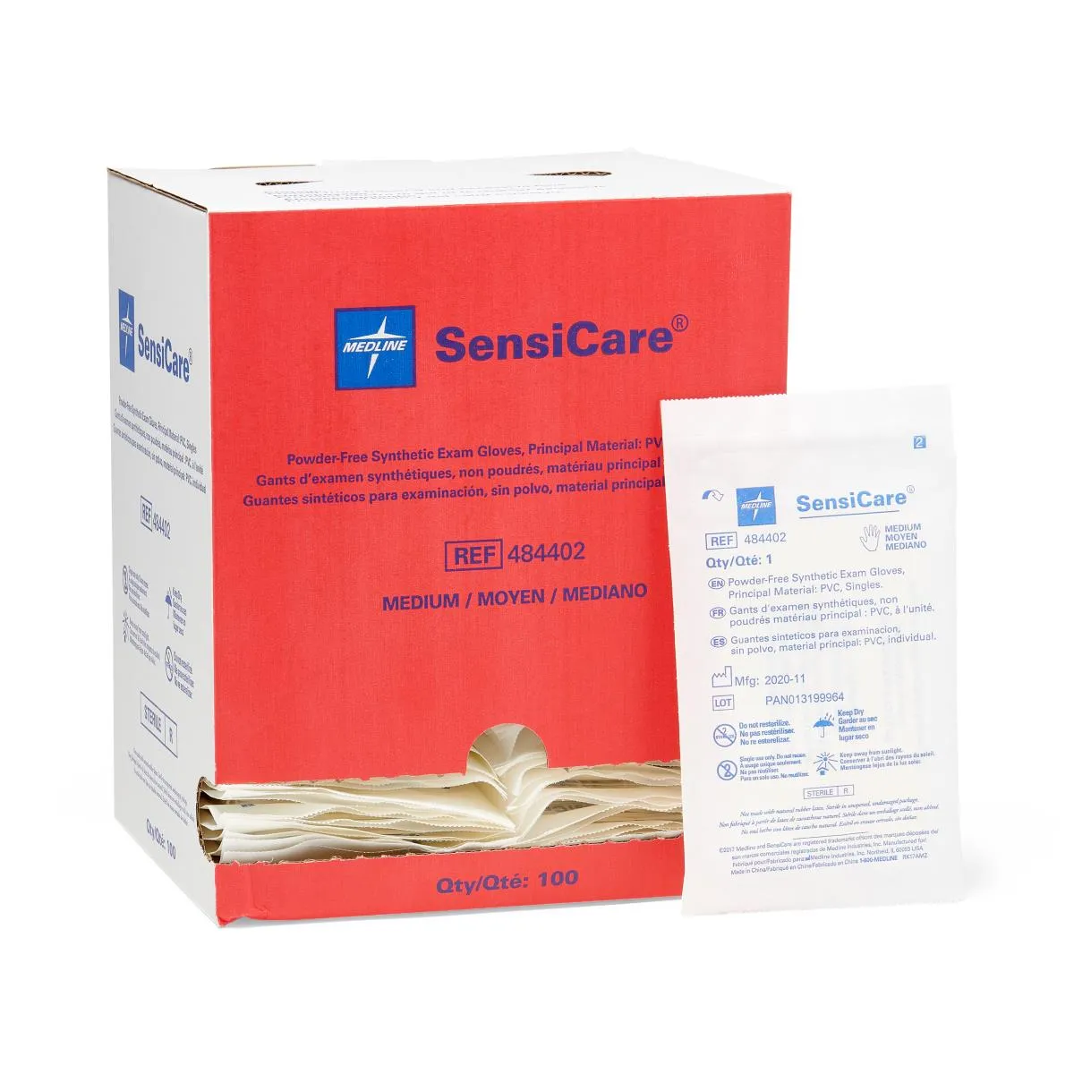 SensiCare Sterile Powder-Free Stretch Vinyl Exam Gloves, Singles, Medium (box of 100)