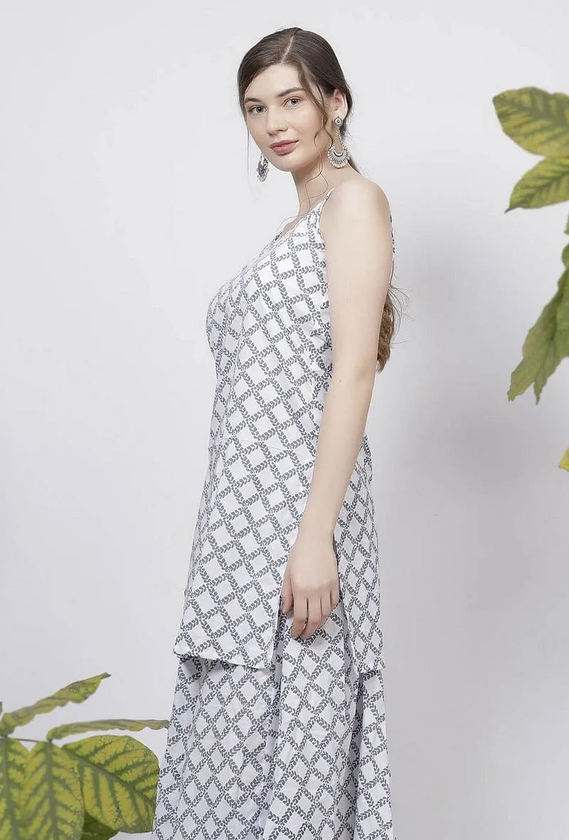 Set-of-2 Powder Blue Criss Cross Hand-Block Printed Cotton Slip and Criss Cross Hand Block Flared Palazzo