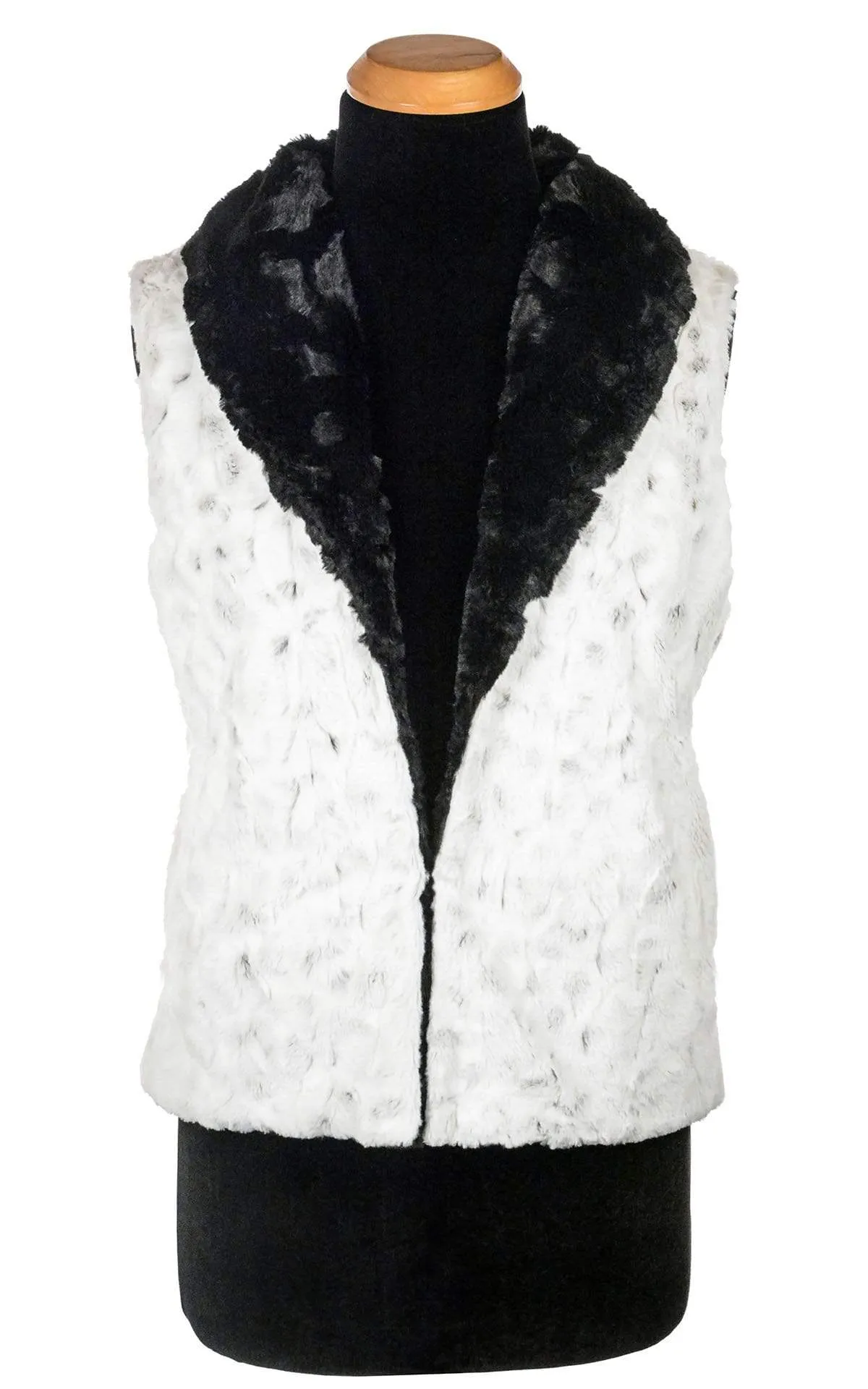 Shawl Collar Vest, Reversible less pockets - Luxury Faux Fur in Winters Frost with Cuddly Fur in Black