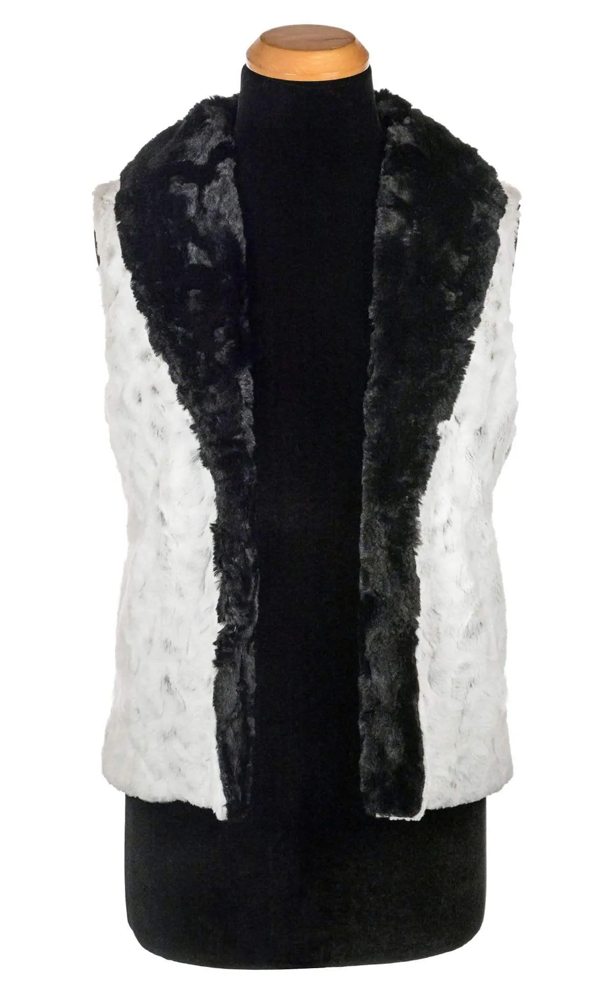 Shawl Collar Vest, Reversible less pockets - Luxury Faux Fur in Winters Frost with Cuddly Fur in Black