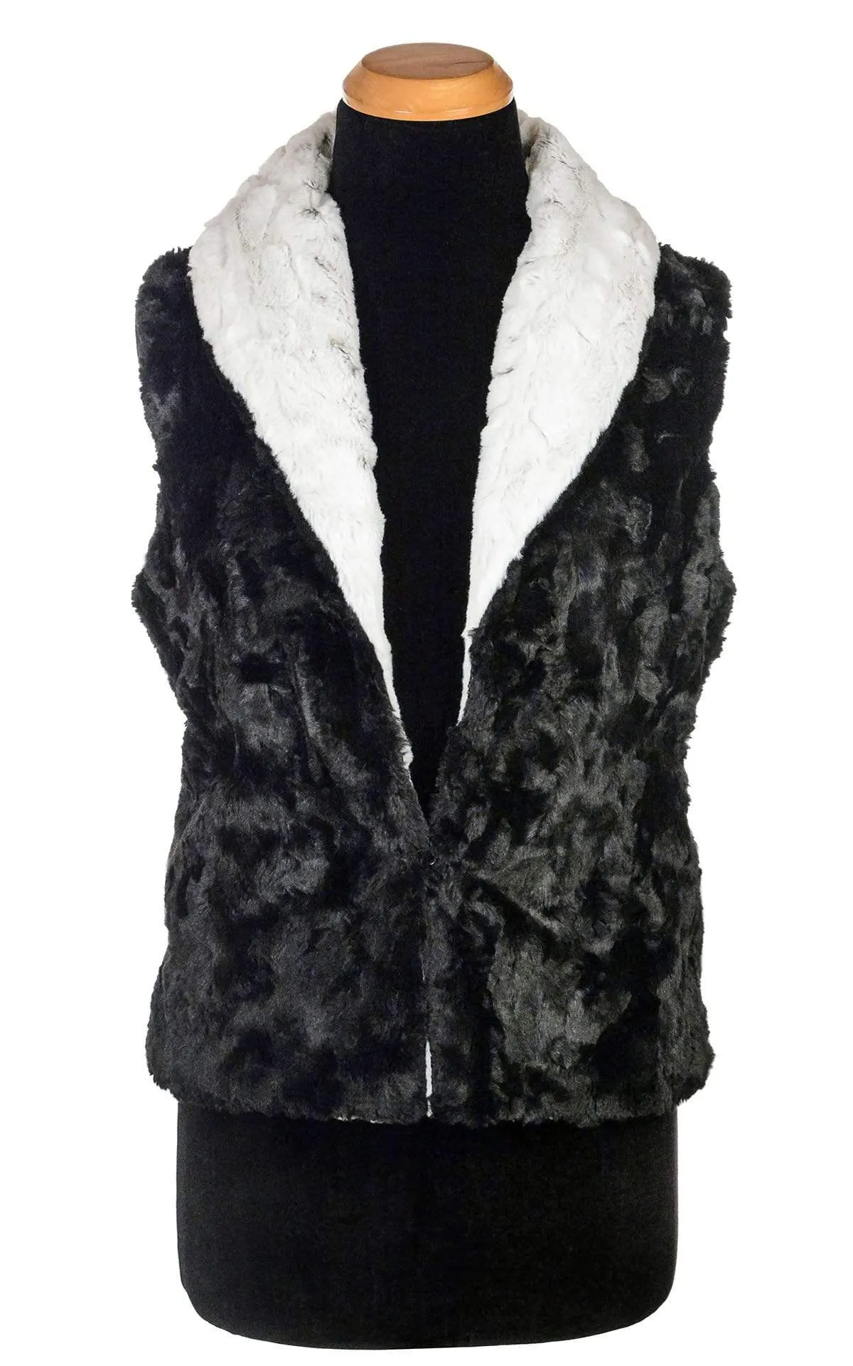 Shawl Collar Vest, Reversible less pockets - Luxury Faux Fur in Winters Frost with Cuddly Fur in Black