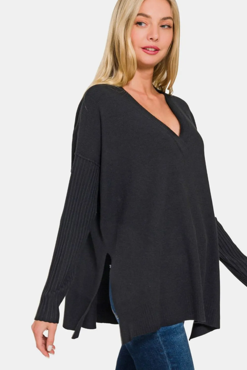 Shawna Black V-Neck Side Slit High-Low Sweater