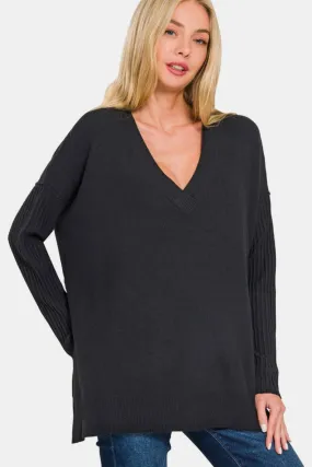 Shawna Black V-Neck Side Slit High-Low Sweater