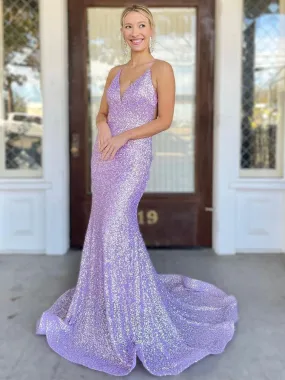 Shiny Sequins V Neck Backless Mermaid Lilac Long Prom Dresses, Mermaid Purple Formal Dresses, Lavender Evening Dresses