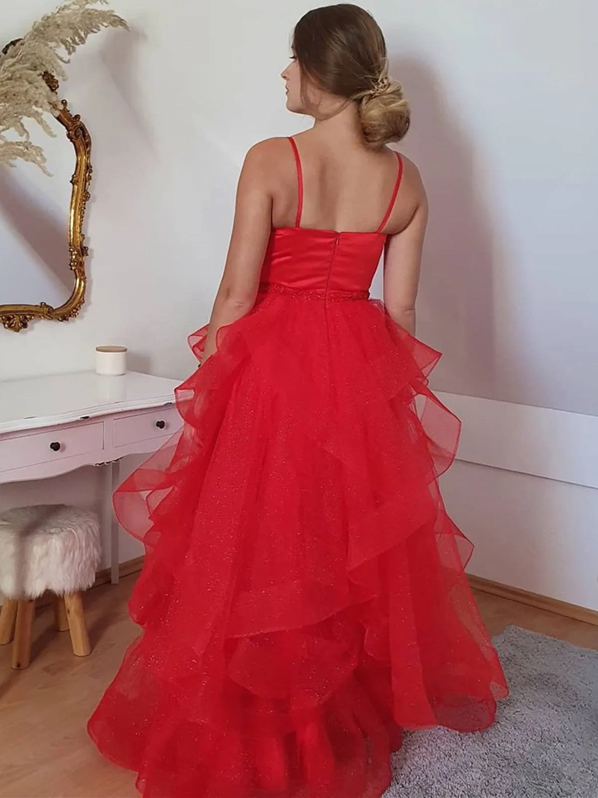 Shiny V Neck Open Back Puffy Red Tulle Long Prom Dresses, Red Tulle Formal Evening Dresses